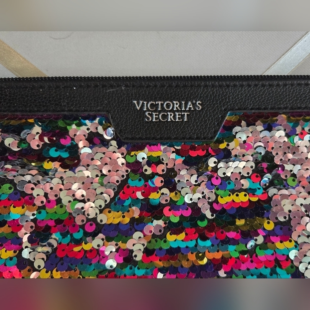 3/$20 Victoria Secret Black Multicolor Sequin Pouch Make Up Bag - Picture 2 of 5